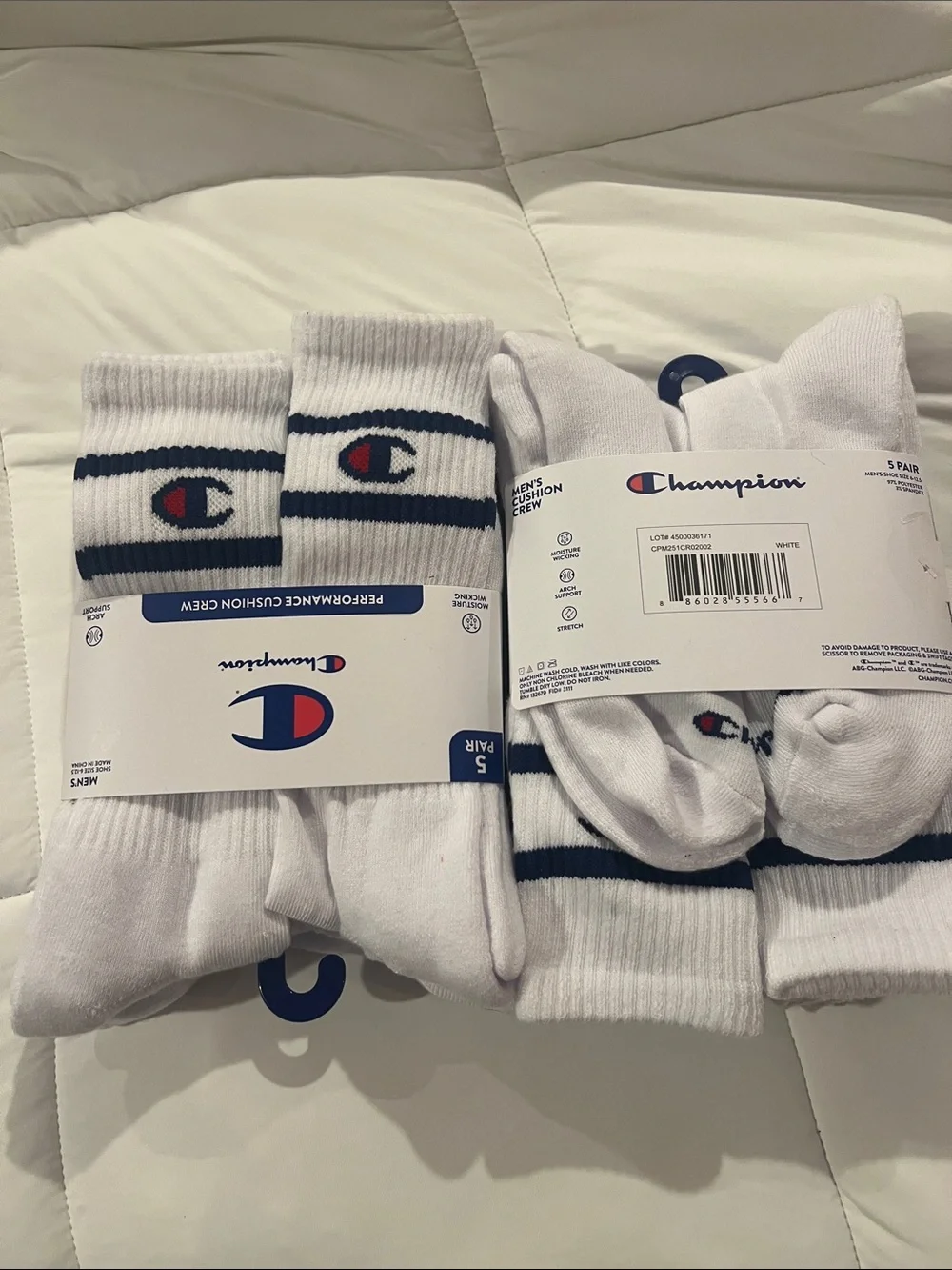 2 Champion White Crew Athletic Socks with Navy & Red Logo - 5 Pack